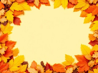 Autumn background with colorful fallen leaves surrounding an empty space in the center, design, background
