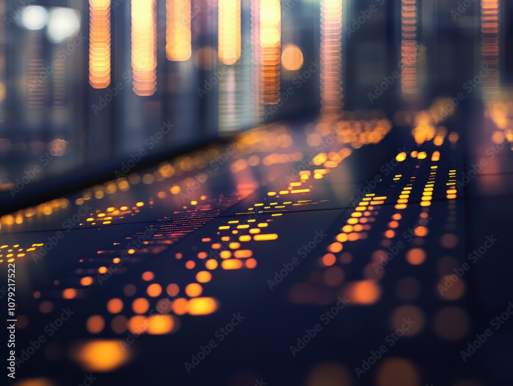 Poster stock market data. table of digital data displayed on large screen with lights and blurred backgroun
