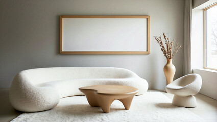 Modern minimalist living room design featuring curved white sofa, organic wood coffee table, big empty wall frame on white wall
