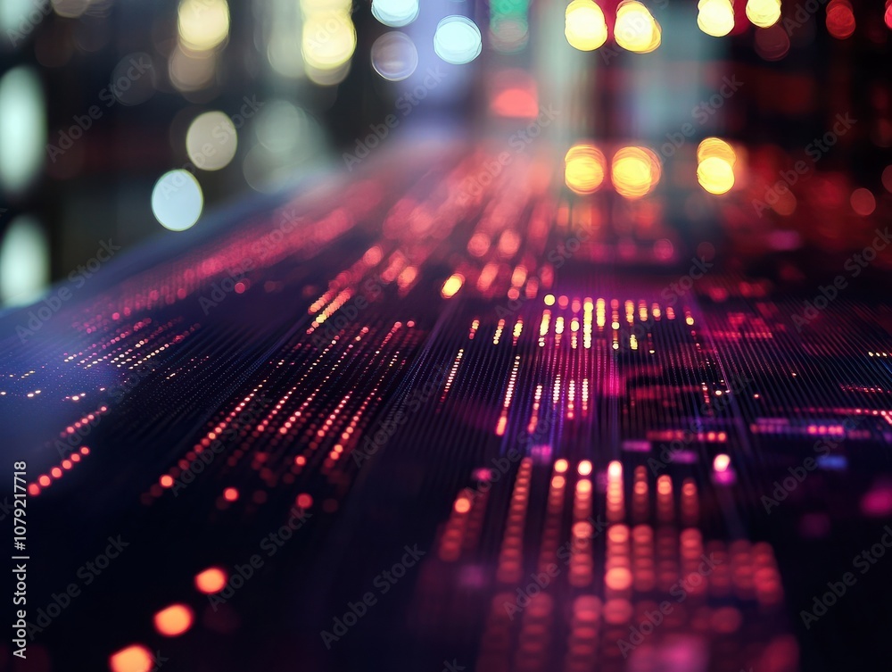 Poster stock market data. table of digital data displayed on large screen with lights and blurred backgroun