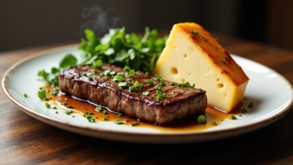 A mouthwatering meal with steak and cheese on a plate.