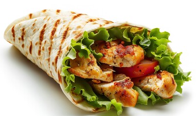 A white background with a chicken wrap, lettuce, and tomato. Side-on, isolated, Generative AI.