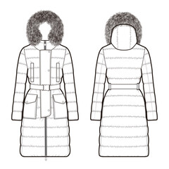 Quilted puffer coat with fur hood, front and back view, belted waist, ideal for winter.

