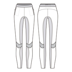 Front and back view of fitted leggings with knee patches and pocket details, athletic design.

