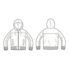 Simple hooded jacket in outline style with front zipper and ribbed cuffs, front and back views.

