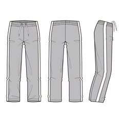Casual grey drawstring pants with side stripes in front, back, and side views.

