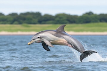 Fototapeta premium Dolphin leaps gracefully from ocean waters under clear blue sky in bright daylight