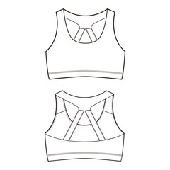 Simple sports bra with intricate back straps, illustrated in outline with minimal details.

