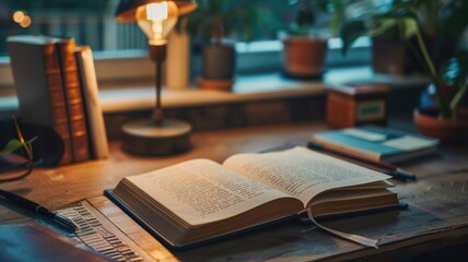 Cozy Workspace with Open Book and Stationery,