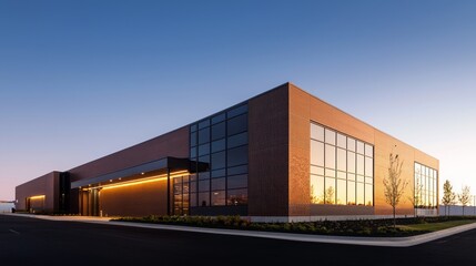 Obraz premium Dawn of American Industry - Factory Exterior Glowing in Warm Light Symbolizing Hard Work and Dedication
