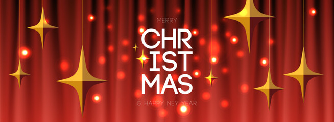 2025 Merry Christmas greeting banner. Modern art Xmas design with typography, gold stars, twinkle and red theater curtains. Trendy vector illustration for season banner, poster, cover
