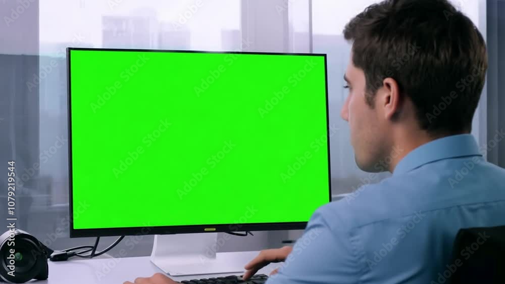 Poster young man working at a computer with a green mock-up screen in office generative ai