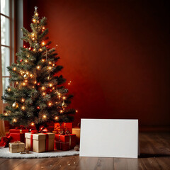 Concept photo of Happy New Year 2025 with Christmas Tree, Craft Gift Packages, Blank White Card, space for text
