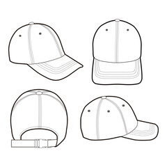 Baseball cap design in four views, featuring adjustable strap and panel details.

