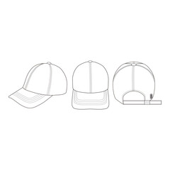 Baseball cap design in three views: side, front, and back, with adjustable strap.

