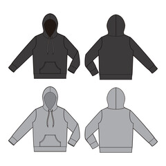 Black and gray hoodies, front and back view, featuring kangaroo pocket and drawstring hood.

