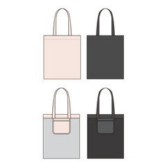Set of four tote bags featuring contrasting color blocks, with shades of peach, black, and gray.

