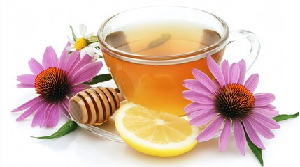 A cup of echinacea tea with a fresh lemon slice, honey stick, and decorative flowers, isolated on a textured white background