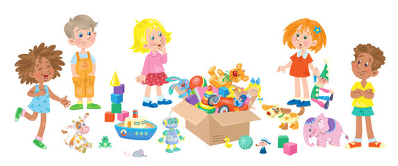 Fototapeta premium Children and toys. Two little boys and three cute girls with many colorful toys around. Isolated on white background. Vector flat illustration