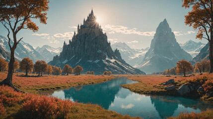 A majestic castle sits atop a mountain in a scenic valley with a flowing river and snow-capped mountains in the distance