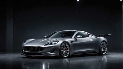 A silver sports car sits on a black asphalt surface in a dark studio
