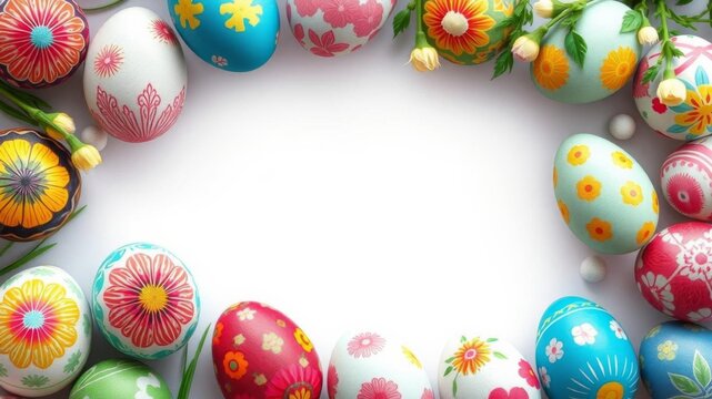 Colorful Easter egg border frame with painted eggs in a top-down view, featuring a variety of vibrant colors and intricate designs, border, vibrant - Powered by Adobe