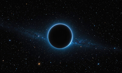 Obraz premium A black hole with a bright blue halo sits against a backdrop of twinkling stars and a faint galactic streak