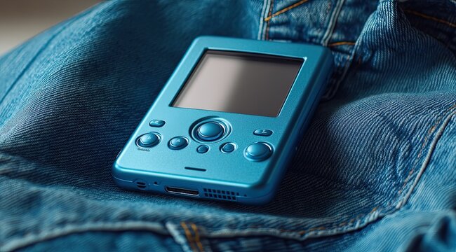Blue handheld gaming device on denim background.