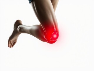 Composite image of a runner's leg with glowing red outline around knee, showing joint pain, against stark uncluttered background, image, pain