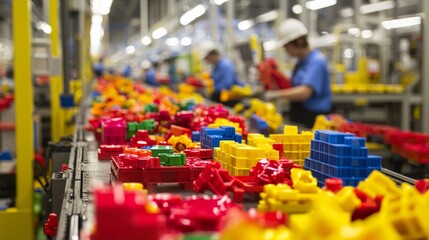 Joyful American Manufacturing: Workers Assembling Toys in Vibrant Factory Setting