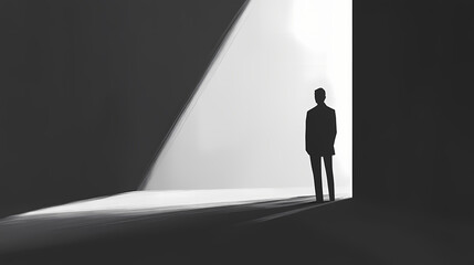 Obraz premium Solitary figure in minimalist space with dramatic shadows and stark light-dark contrast. Chiaroscuro. Illustration