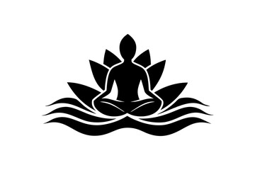Fototapeta premium black vector yoga logo with lotus flower and meditating person silhouette