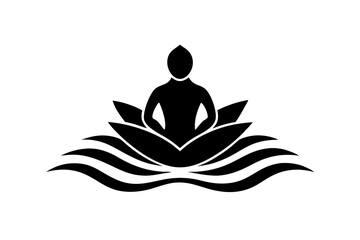 black vector yoga logo with lotus flower and meditating person silhouette