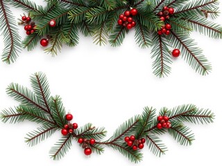 Decorative pine tree wreath with ornaments and empty center on white background, evergreen, top view