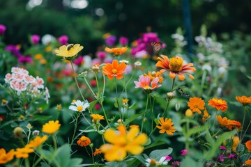 Fototapeta premium Vibrant and Whimsical Floral Garden with Butterfly