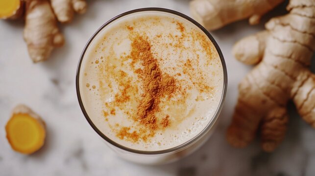 Golden milk latte with a dusting of cinnamon on top, surrounded by raw turmeric and ginger root on a cozy background