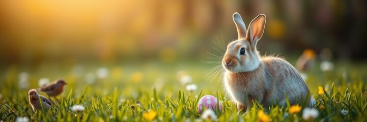 Easter bunny with fluffy fur sitting in a lush green meadow under warm sunlight, surrounded by blooming flowers and chirping birds, blooming flowers, bunny