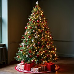 Festive Christmas Tree with Red and Gold Ornaments in Cozy Living Room