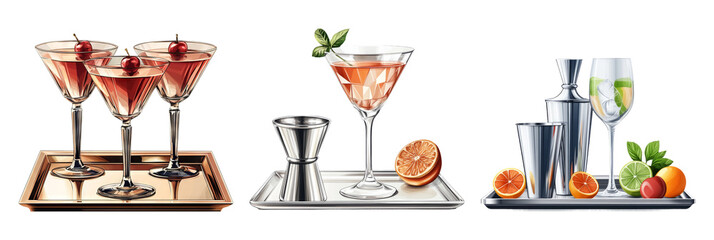 Stylish Cocktails on Serving Trays with Garnishes