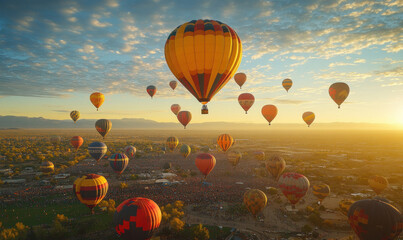 Naklejka premium A vibrant sunrise illuminates a field of colorful hot air balloons as they gracefully ascend into the sky, creating a breathtaking spectacle for onlookers below