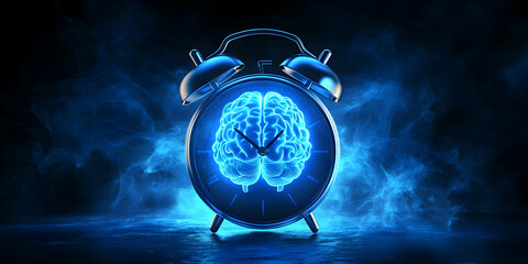 Blue alarm clock paired with brain imagery, symbolizing the importance of sleep for wellness . illustration