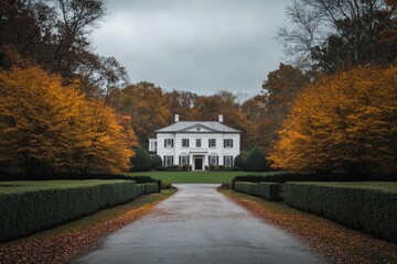 A white mansion sits amidst lush greenery and vibrant fall foliage, with a paved driveway leading to the front door.