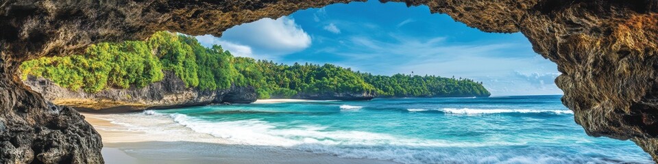 Fototapeta premium 青い海と緑の自然が広がる洞窟からの美しいビーチの眺め