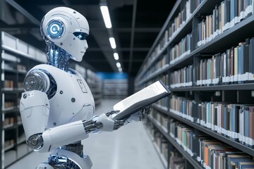 Fototapeta premium Robotic Librarian Exploring the Stacks of Knowledge