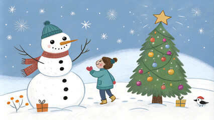 Whimsical winter wonderland with snowman and decorated Christmas tree