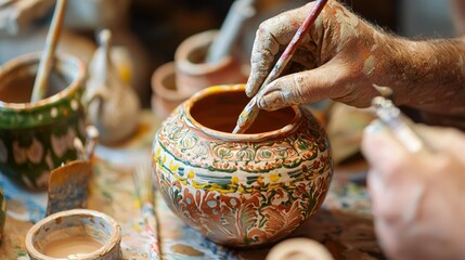Master Pottery Artist creating Intricate Designs on Ceramic Ware with Paints and Tools, Honoring American Artistry