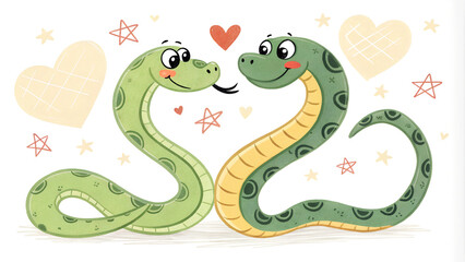 Naklejka premium Playful cartoon snakes in love with hearts and stars theme