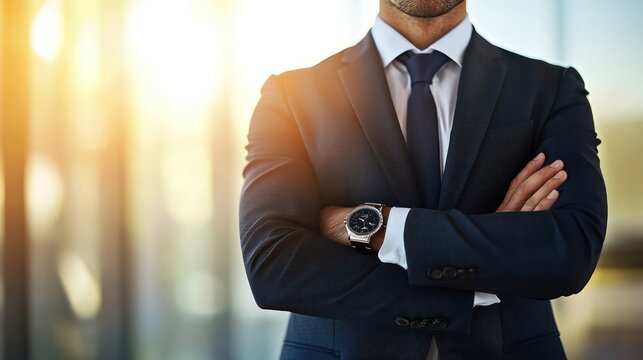 Businessman standing confidently with arms crossed, radiating a sense accomplishment and satisfaction in a professional environment