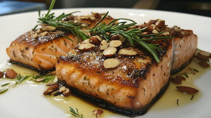 Fresh Salmon Filets with Almonds and Rosemary. 4k image