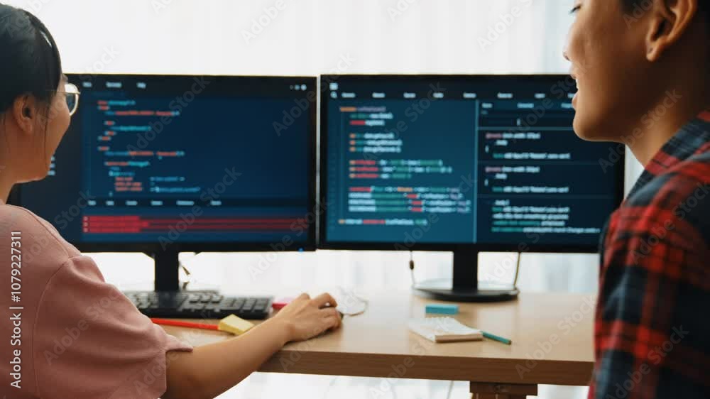 Wall mural slow motion back end software developer engineer for computer programming working together on debugg